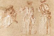 WATTEAU, Antoine Three Studies of a Lady with a Hat oil painting reproduction
